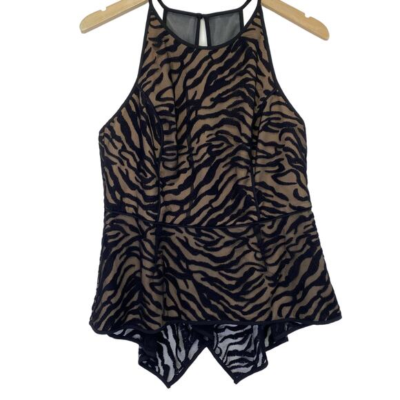 BCBG Black Sheer Mesh Zebra Top Sz 10 Embroidered Peplum Asymmetrical Animal - Picture 8 of 11